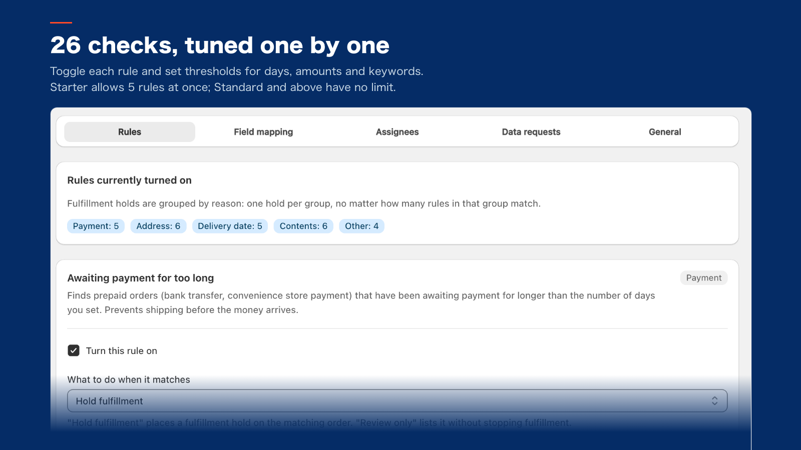 Headline "26 checks, tuned one by one" and rule settings