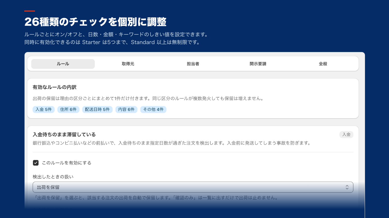 見出し「26種類のチェックを個別に調整」とルール設定画面
